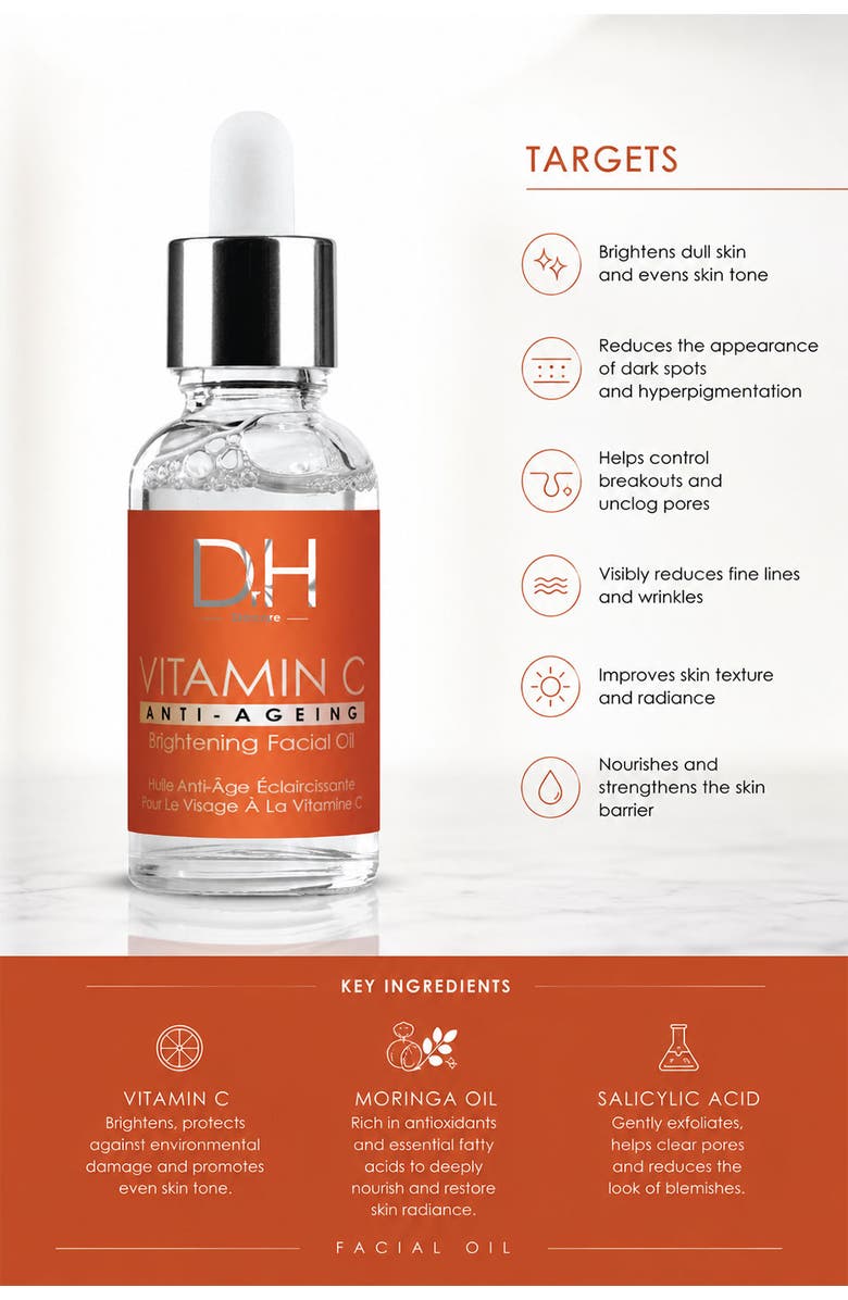 Dr H Vitamin C Brightening Oil Facial Oil 30ml for Acne & Blemishes, Large Pores, Alternate, color, White