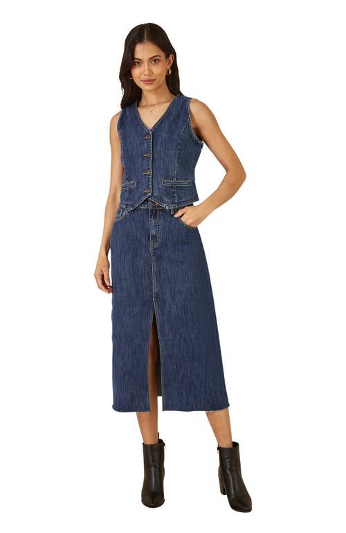 Yumi Button Up Denim Stretch Waistcoat In Blue