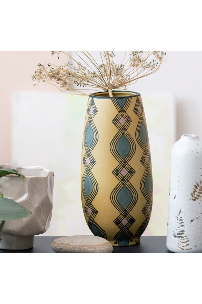 Hand Painted Stoneware Vase with Pattern, Lavender and Sand, Alternate, color, Yellow