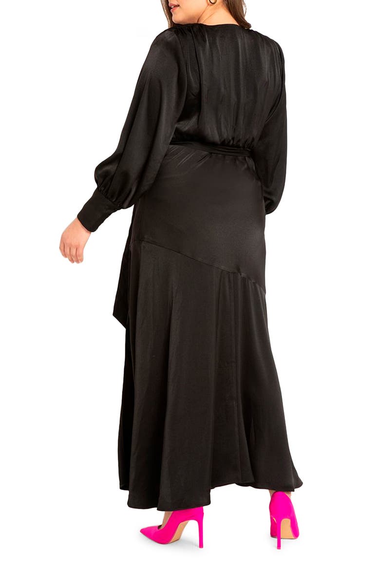 Long Sleeve Satin Wrap Gown, Alternate, color, BLACK