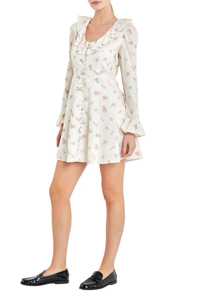 Floral Ruffle Button Front Long Sleeve Minidress, Alternate, color, IVORY