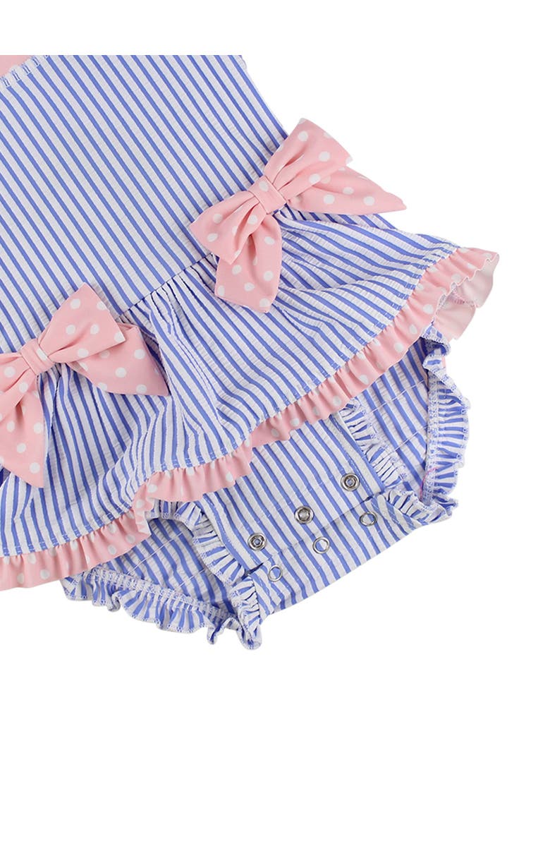 RuffleButts UPF50+ Seersucker Long Sleeve One Piece Bow Peplum Rash Guard Swimsuit, Alternate, color, Periwinkle Blue Seersucker