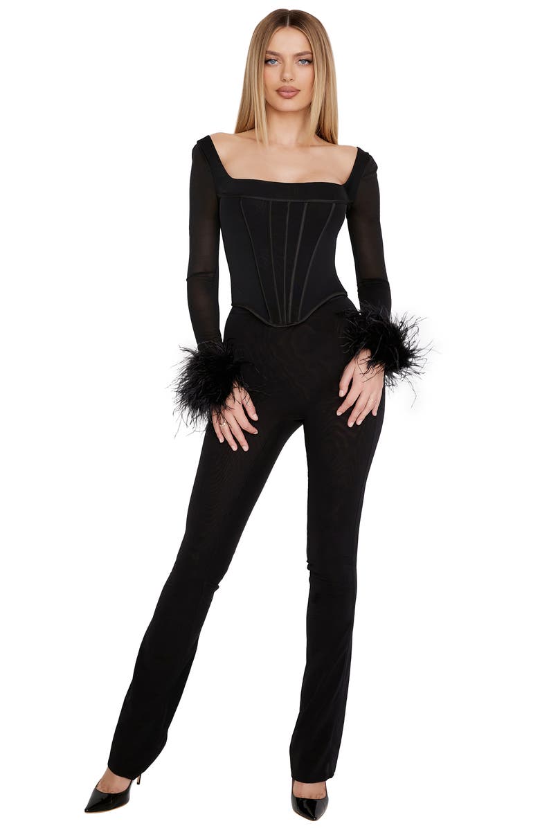 HOUSE OF CB Stella Crop Feather Trim Mesh Corset Top, Alternate, color,