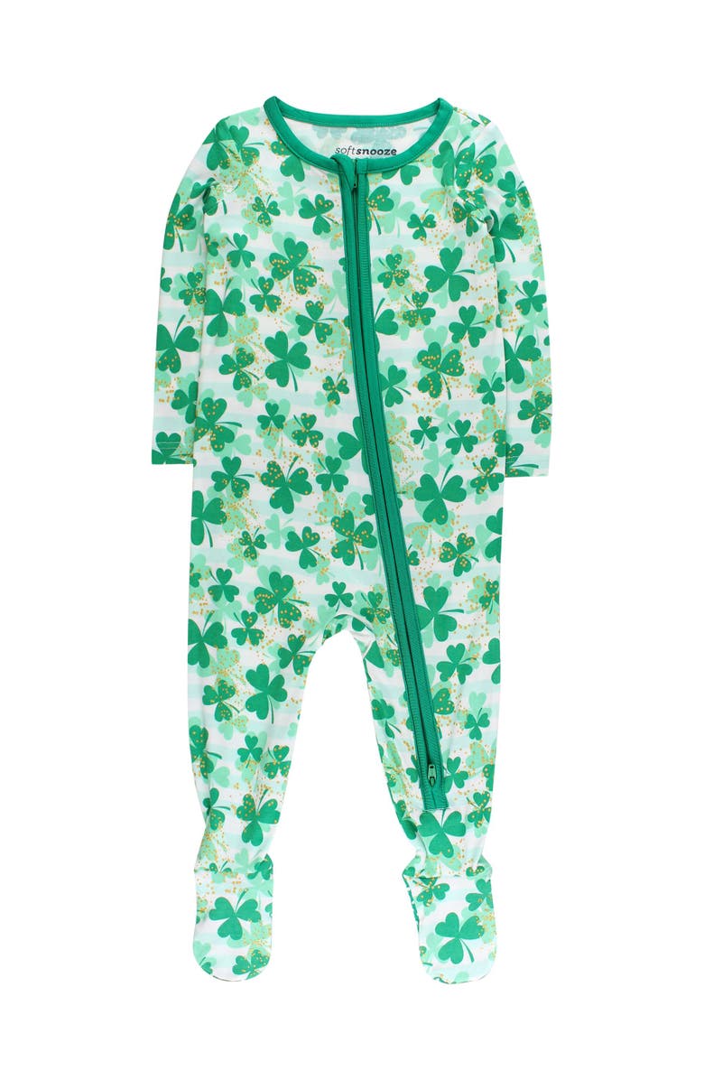 RuffleButts SoftSnooze Gender Inclusive One Piece Footie Pajamas, Main, color, Clover Field
