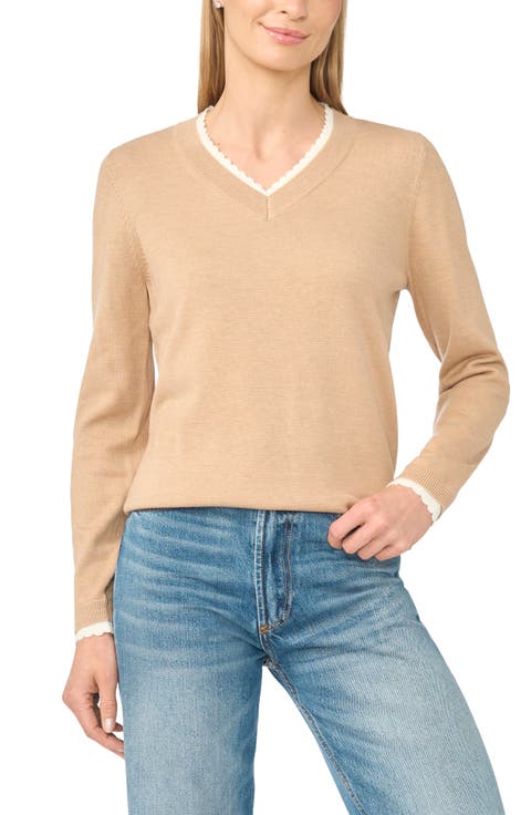 Scalloped Trim V-Neck Sweater