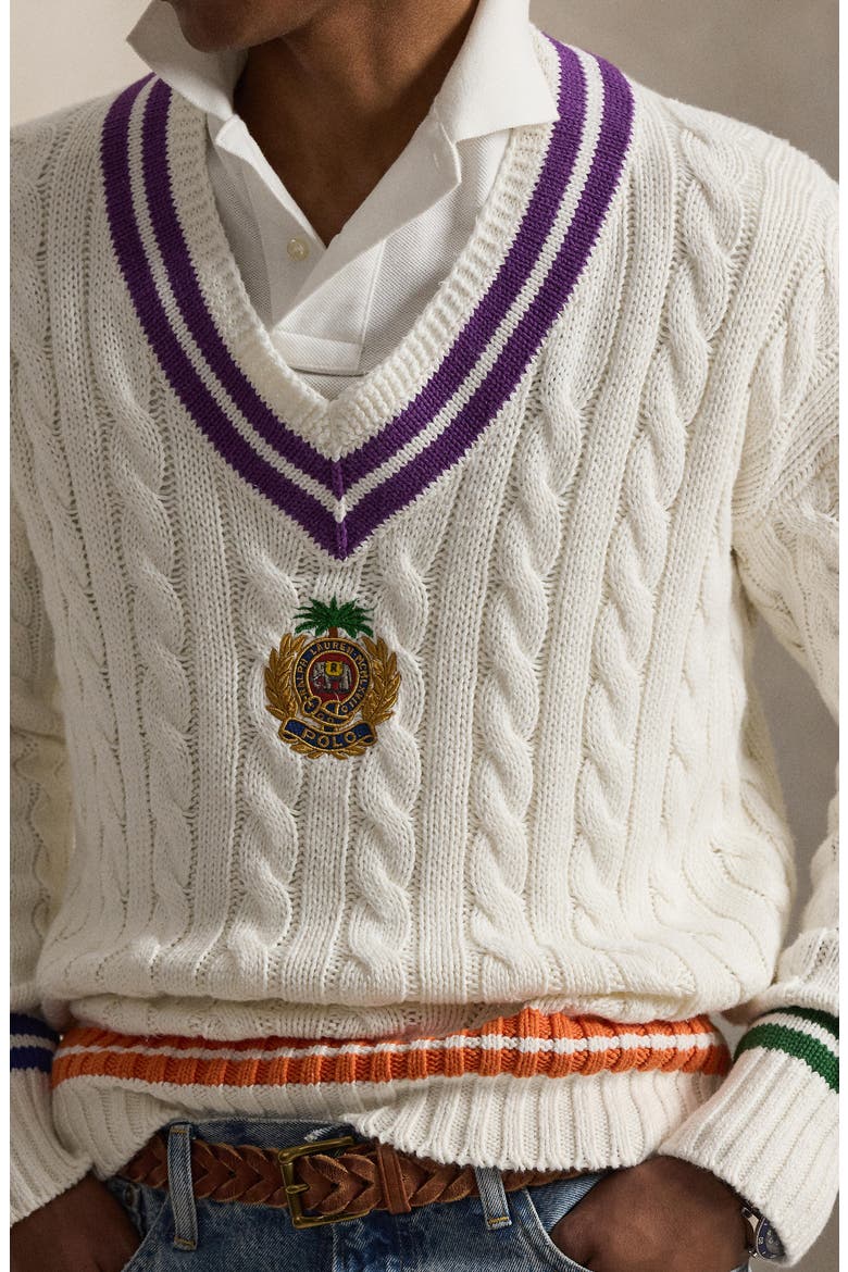 Embroidered Cricket Cotton & Linen V-Neck Sweater, Alternate, color, CREAM COMBO