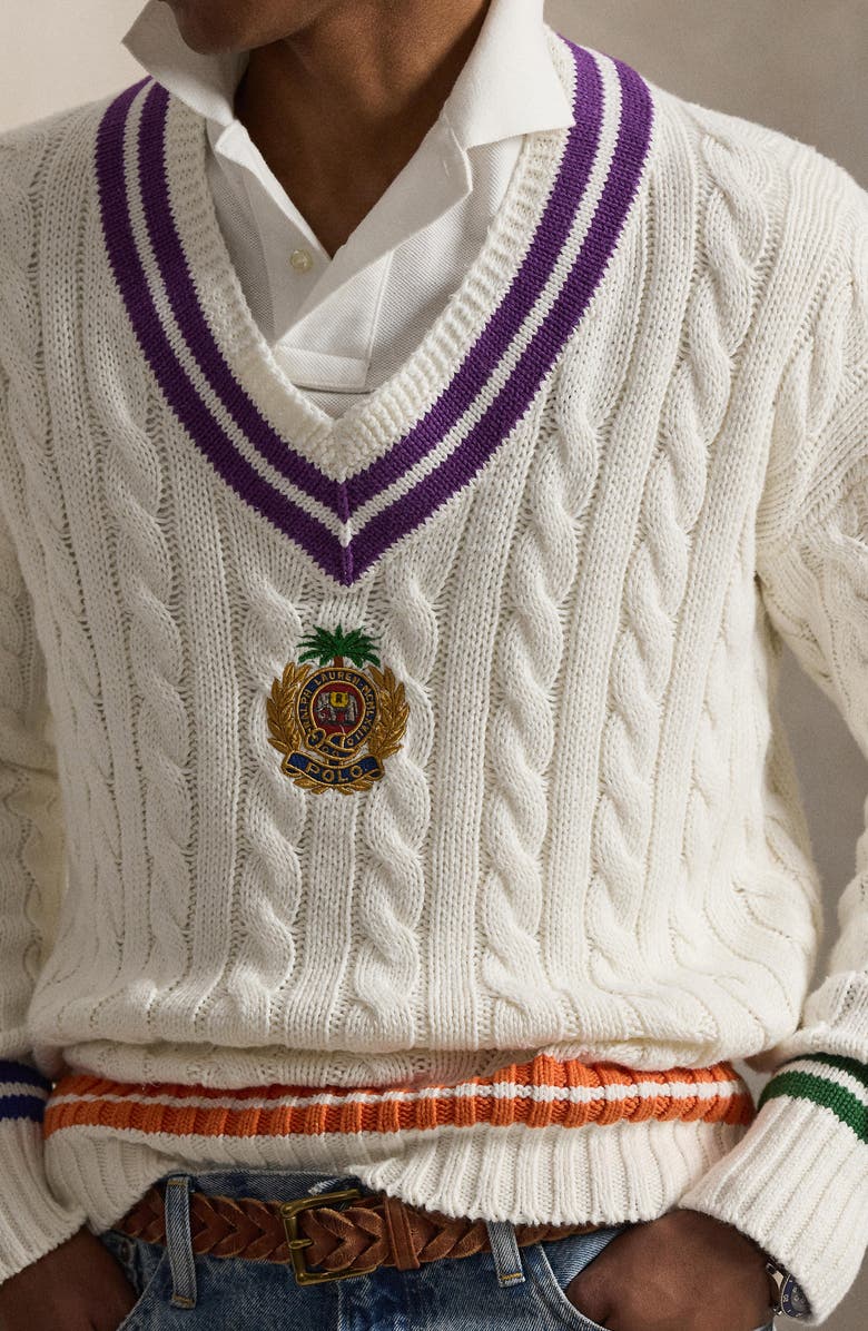 Polo Ralph Lauren Embroidered Cricket Cotton & Linen V-Neck Sweater, Alternate, color, Cream Combo