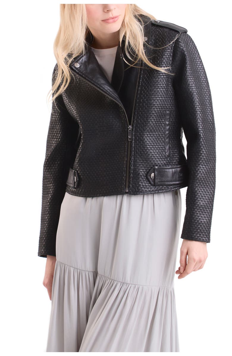 Velez Claire Leather Woven Biker Jacket for Women, Main, color, Black