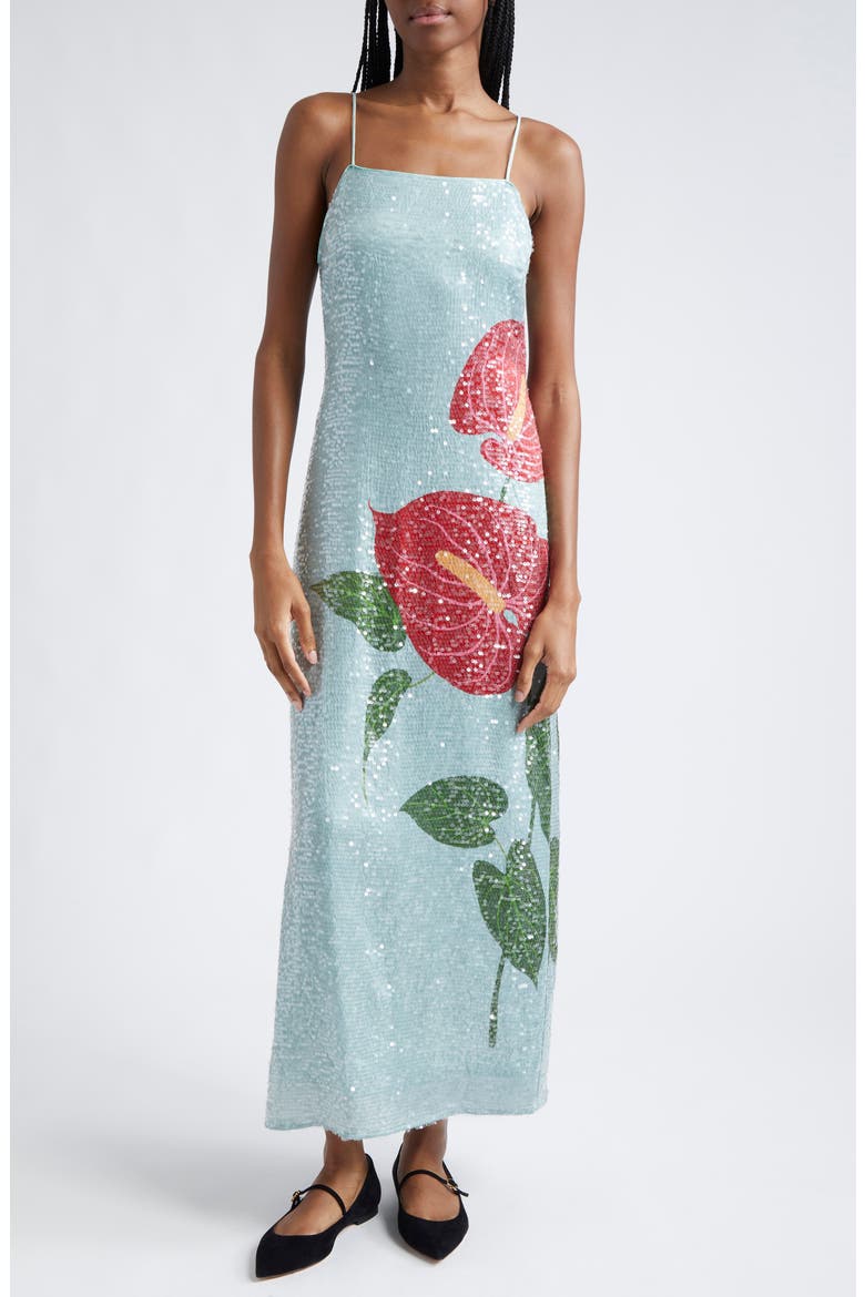 anthurium flowers sequined slip dress FARM Rio Anthurium Flowers Slip Maxi Dress