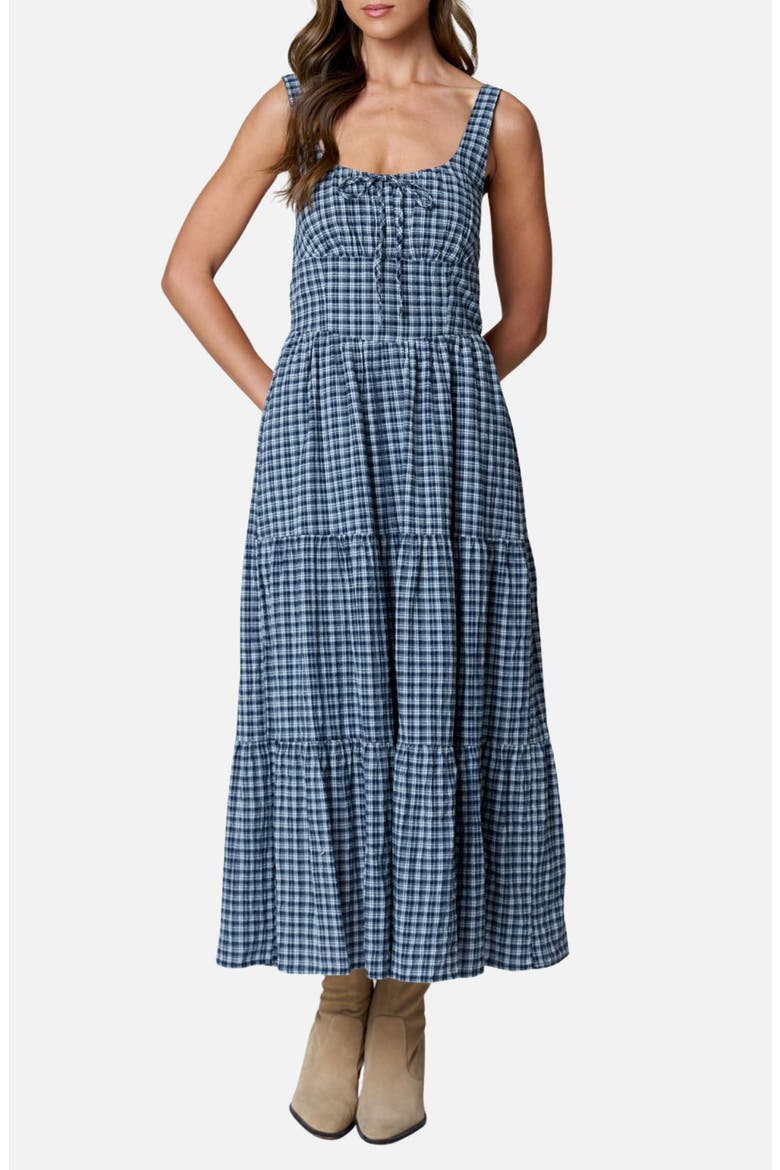Plaid Sleeveless Tiered Midi Dress, Main, color, NAVY