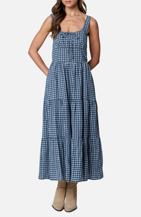 Plaid Sleeveless Tiered Midi Dress