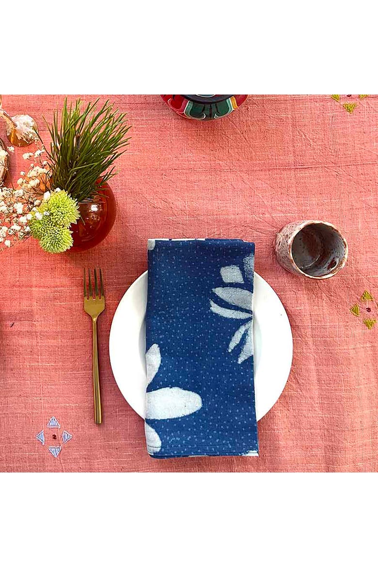 Hand Block Printed Blue Lotus Napkin, Alternate, color, Blue