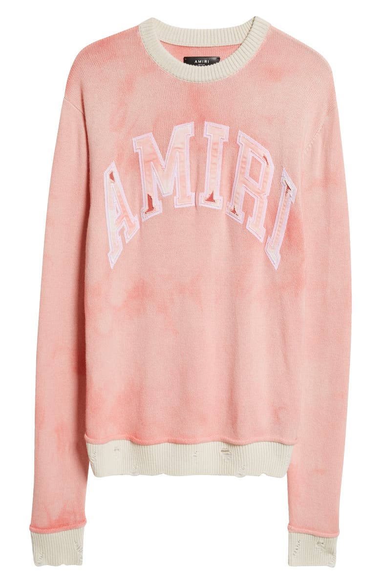 AMIRI Logo Appliqué Distressed Cashmere Crewneck Sweater, Alternate, color, Flamingo Pink