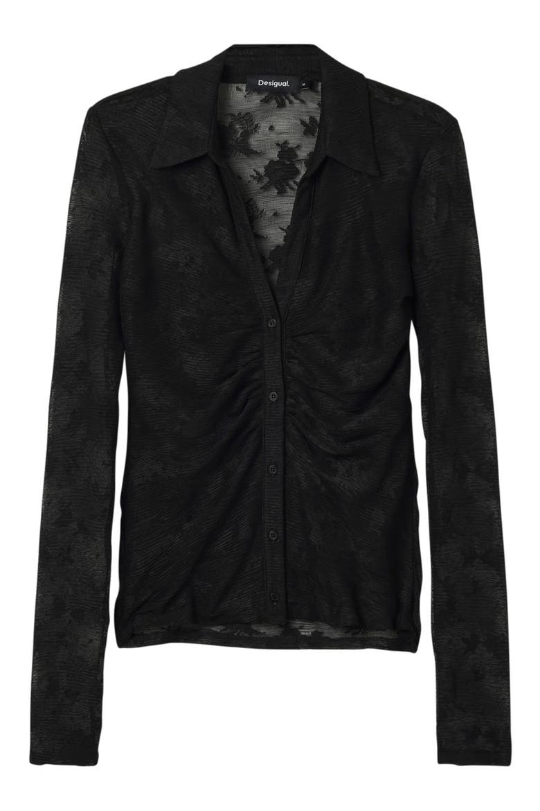 Gathered Tulle Floral Shirt, Alternate, color, BLACK
