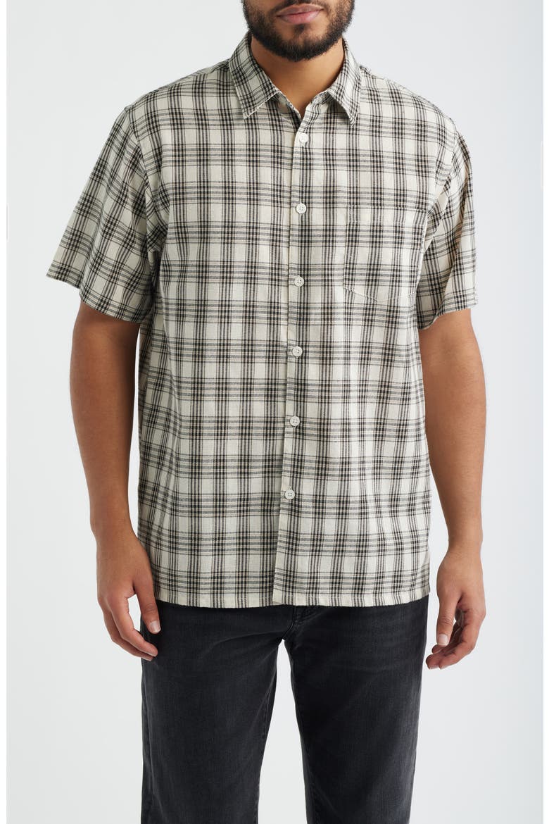 Office Woven Check Short Sleeve Cotton Button-Up Shirt, Main, color, CREAM