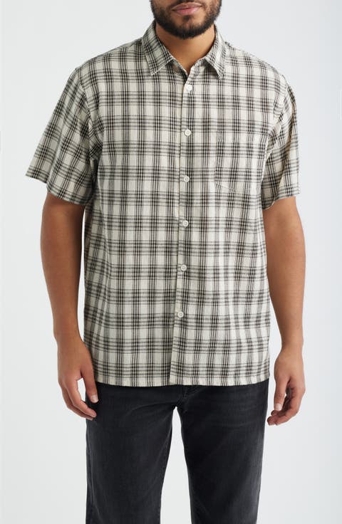 Office Woven Check Short Sleeve Cotton Button-Up Shirt