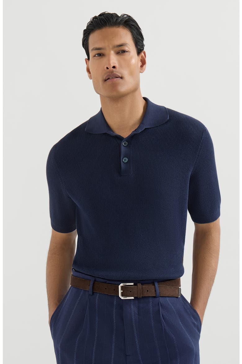 Cotton English rib knit polo shirt, Alternate, color, Navy Blue