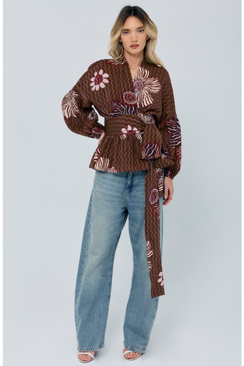 Opal Floral Balloon Sleeve Wrap Top, Alternate, color, BROWN MULTI