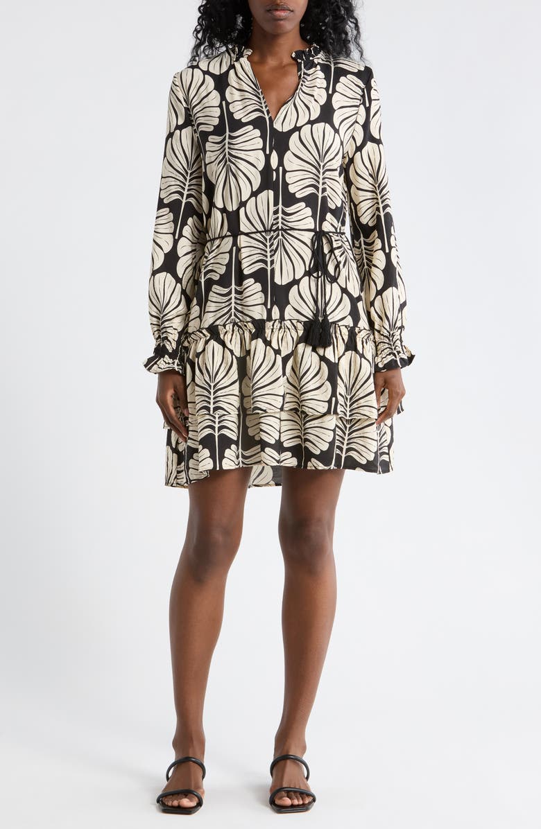 Ellen Tracy V-Neck Long Sleeve Dress, Main, color, Black Palm Leaf