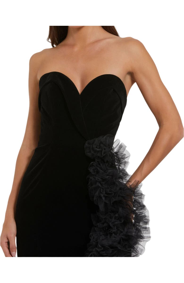 Mac Duggal Strapless Velvet Mermaid Gown with Ruffle Slit, Alternate, color, Black