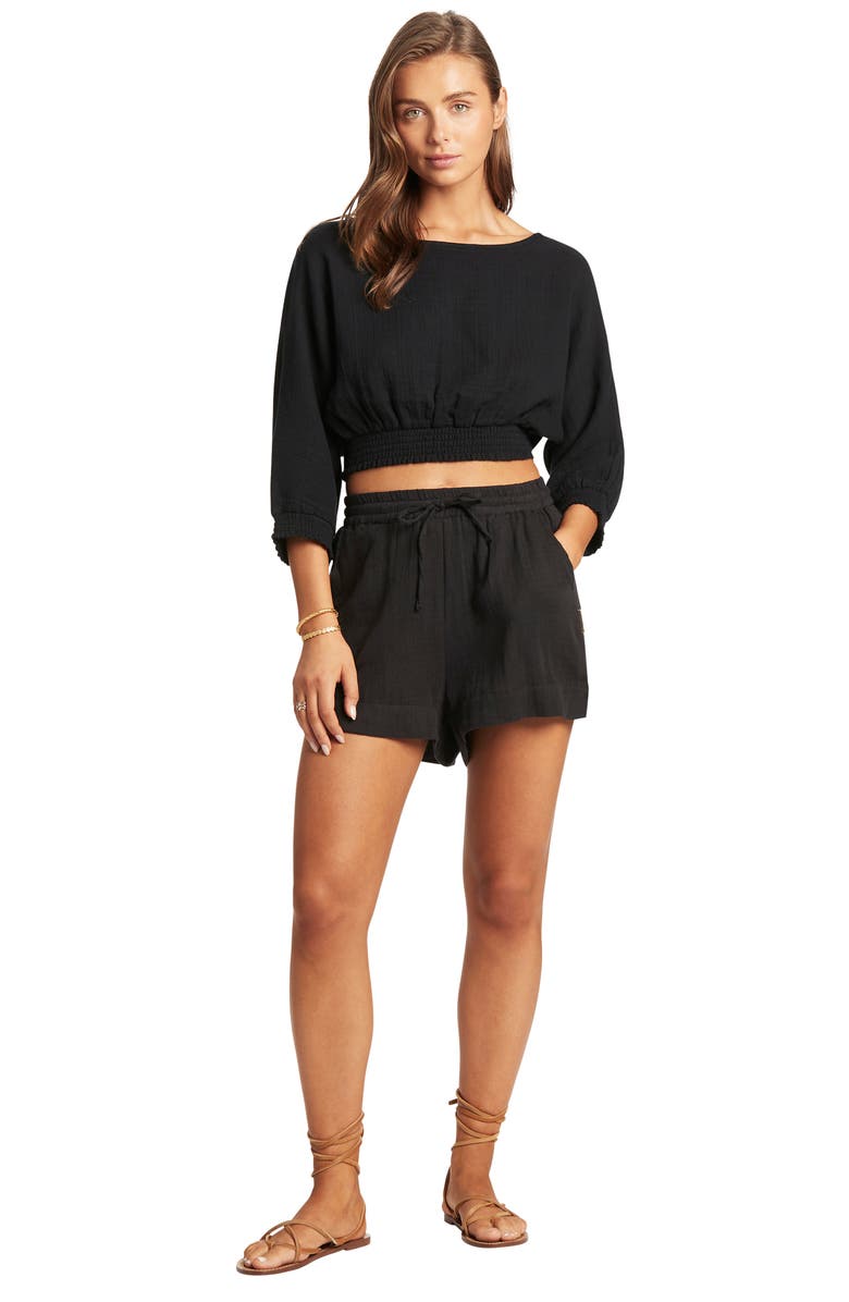 Sea Level Sunset Beach Cotton Gauze Cover-Up Shorts, Alternate, color, Black