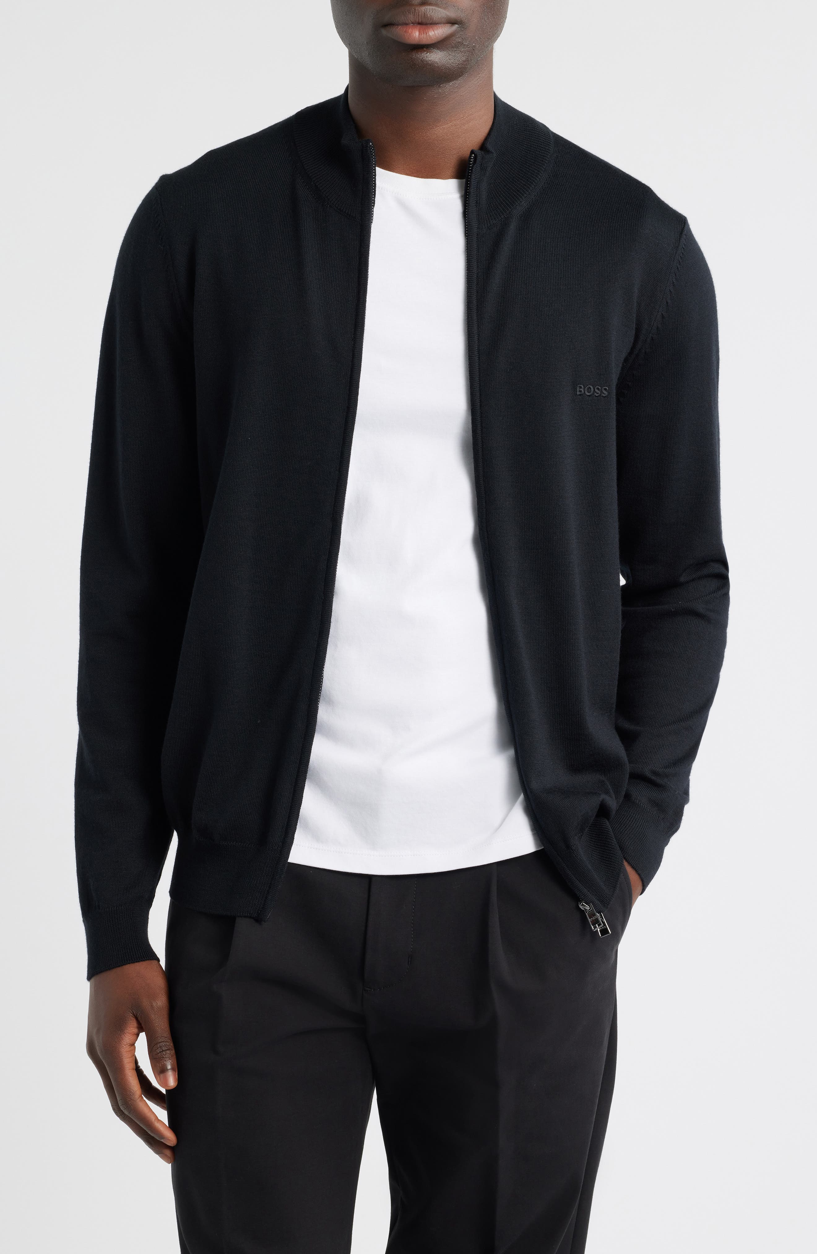 BOSS Balonso Mock Neck Wool Full Zip Cardigan