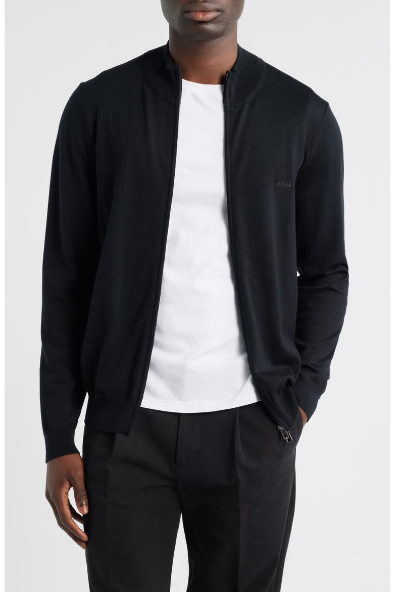 Balonso Mock Neck Wool Full Zip Cardigan, Main, color, BLACK
