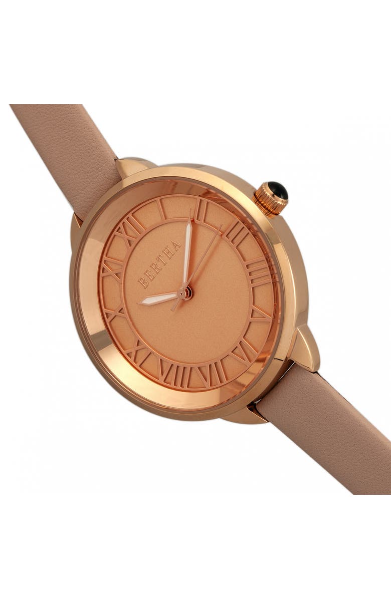 BERTHA Madison Sunray Dial Leather-Band Watch, Alternate, color, Light Pink/Rose Gold