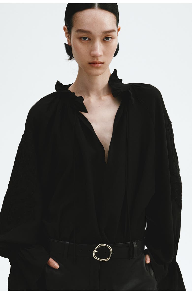 H&M Linen-blend blouse with embroidery, Alternate, color, Black
