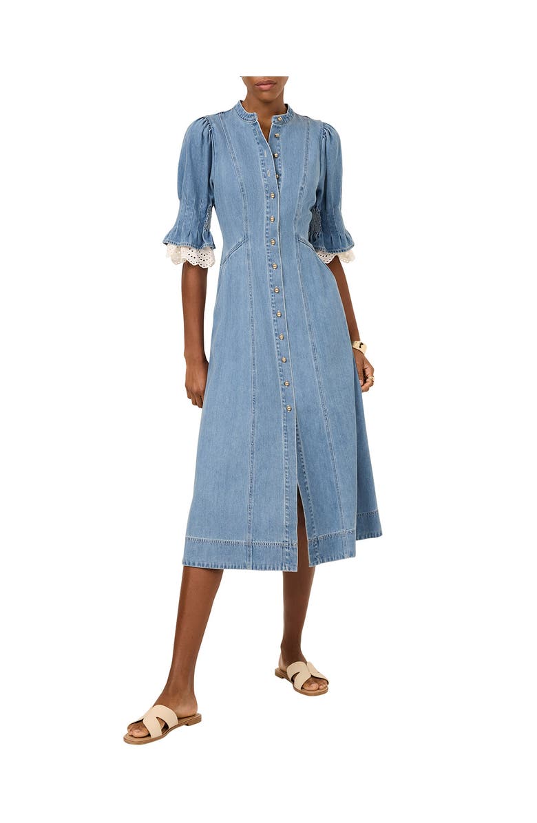 MINT VELVET Denim Crochet Trim Midi Dress, Main, color, Blue