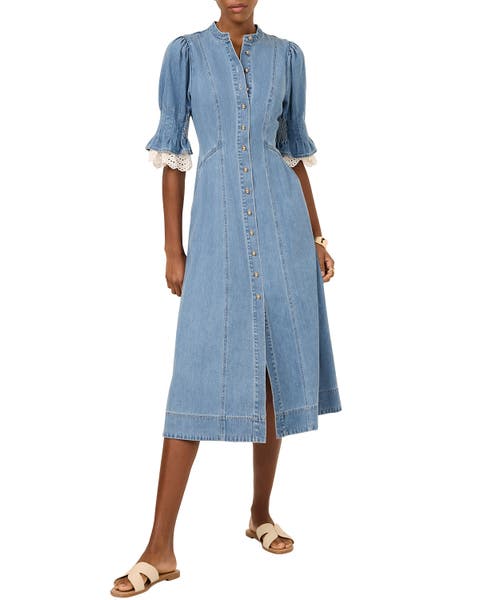 Denim Crochet Trim Midi Dress