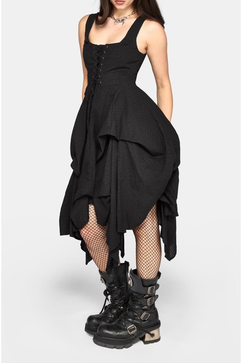 Lyx Hitched Skirt Corset Midi Dress, Alternate, color, Black