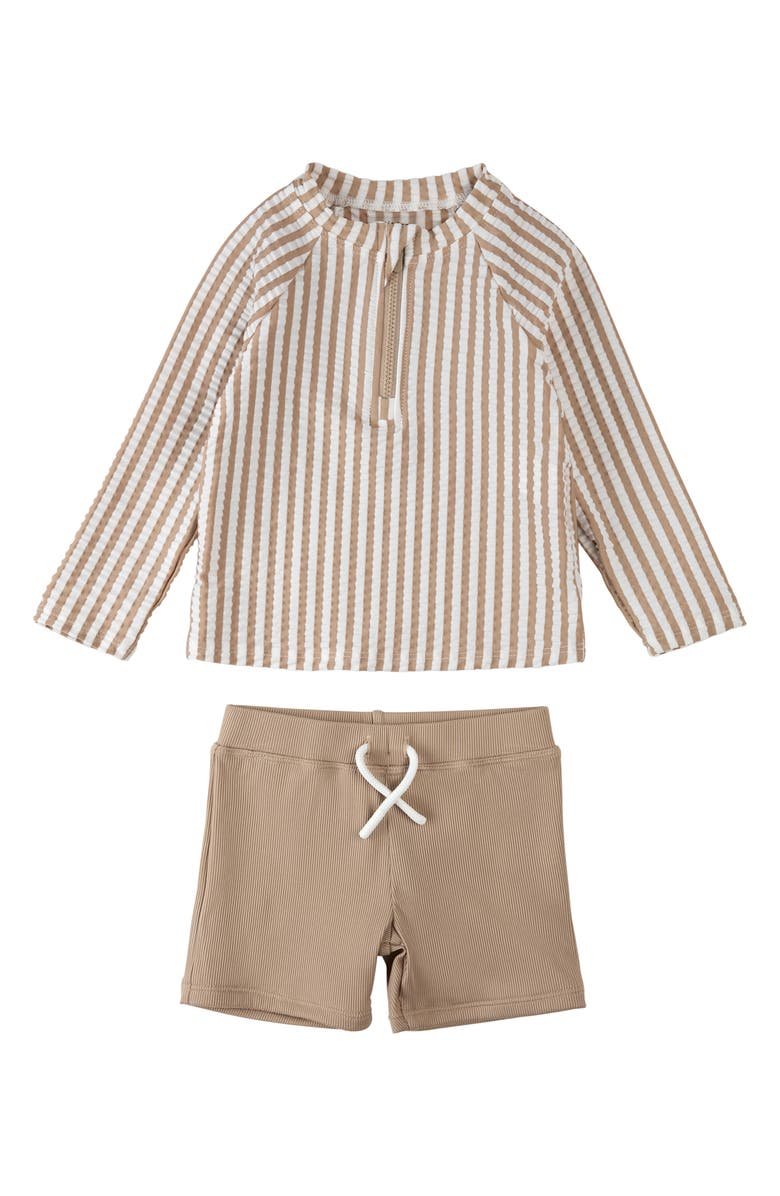Petit Lem Seersucker Long Sleeves Rashguard & Shorts, Main, color, Sand