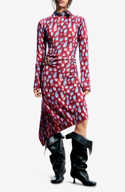 Abstract Print Long Sleeve Cotton Blend Sweater Dress