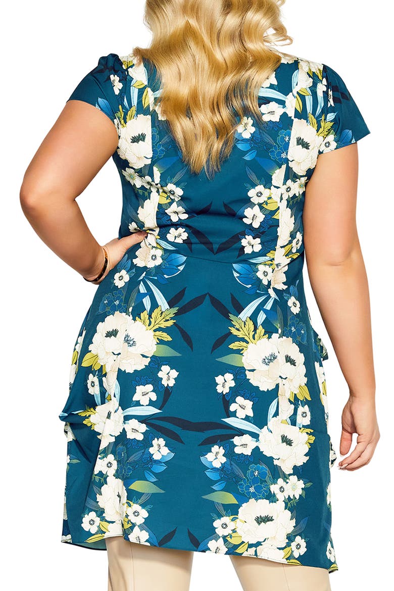 Emma Floral V-Neck Fitted Tunic Dress, Alternate, color, TEAL MIRROR BLOOM