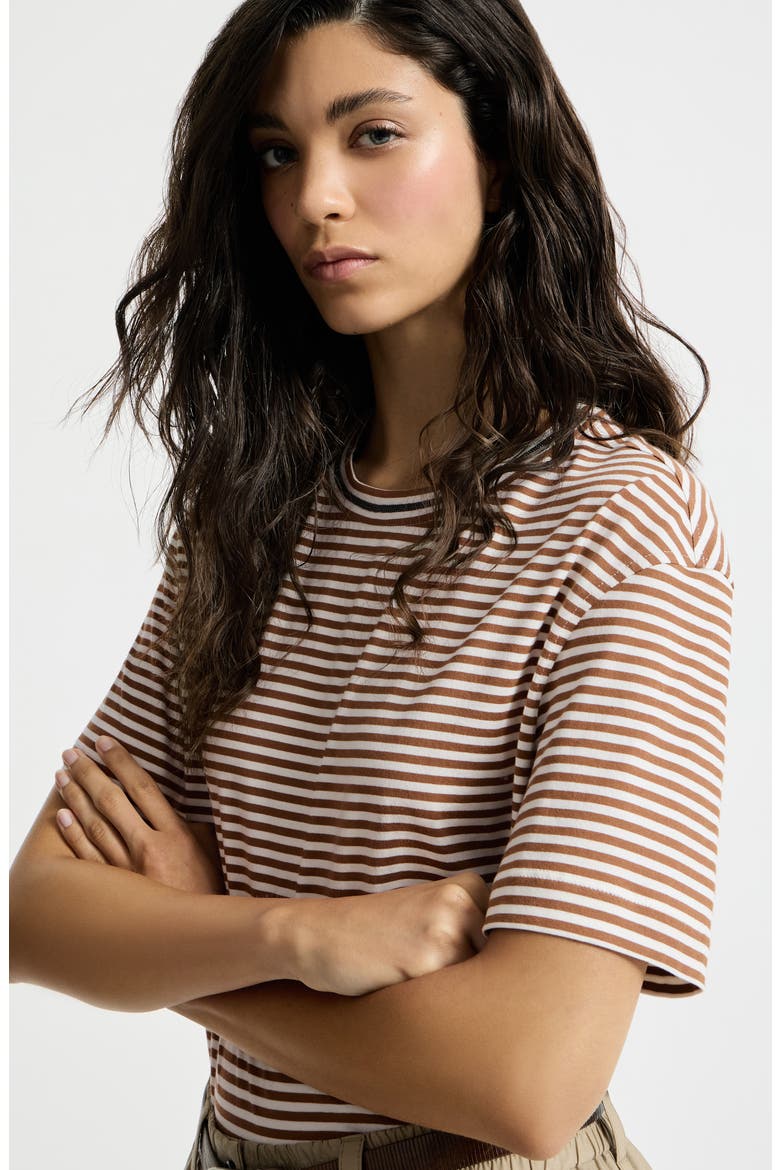 Striped cotton jersey t-shirt with precious neckline, Alternate, color, Light Brown
