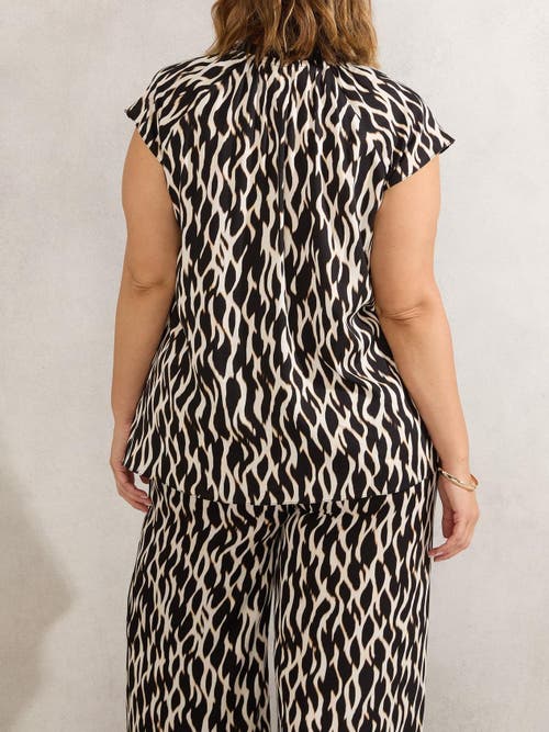 Live Unlimited Mono Print Short Sleeve Tie Neck Blouse In Black