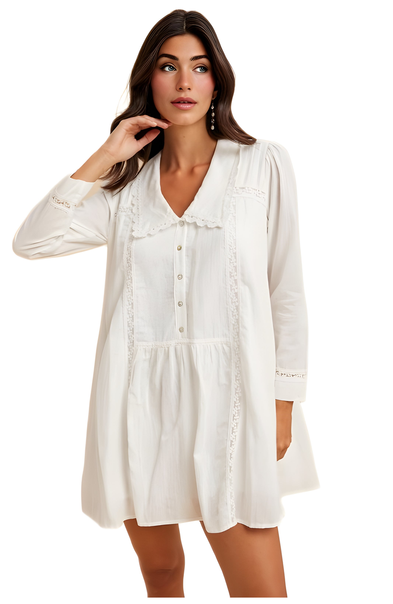 Knit and Lounge Long Sleeve Button-Front Babydoll Dress with Crochet Trim, Alternate, color, Ivory