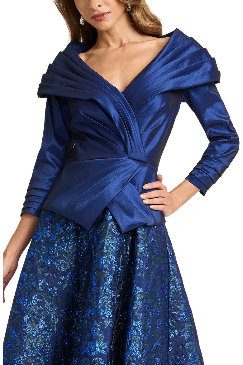 Pleated Shawl Mixed Media Taffeta Floral Jacquard Evening Dress, Alternate, color, NAVY/ MULTI