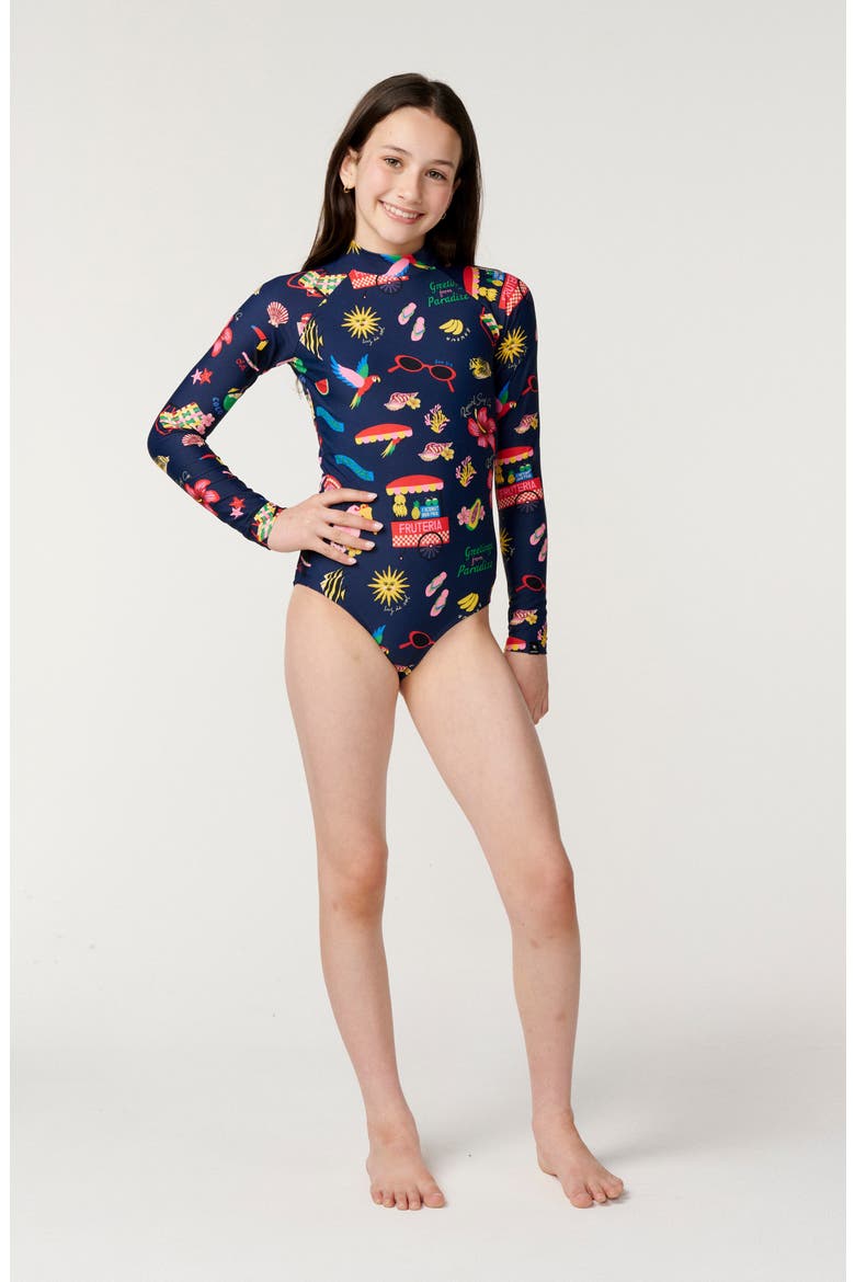 Kids' Island Time Long Sleeve Rashguard One Piece Swimsuit, Alternate, color, NAVY