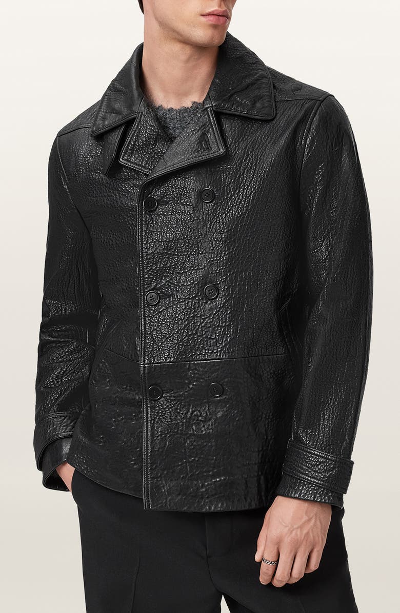 AllSaints Hamlet Genuine Shearling Trim Leather Coat, Alternate, color, Black