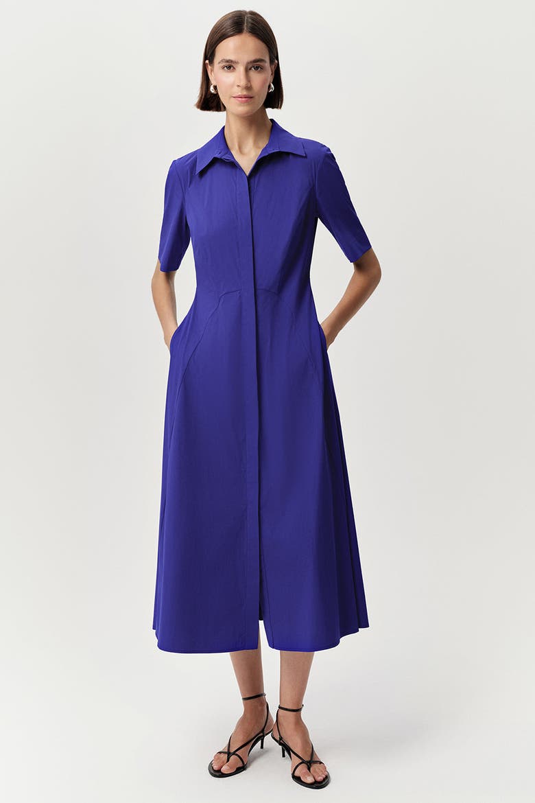 Alhertine Short Sleeve Shirt Collar Midi Dress, Main, color, Sax