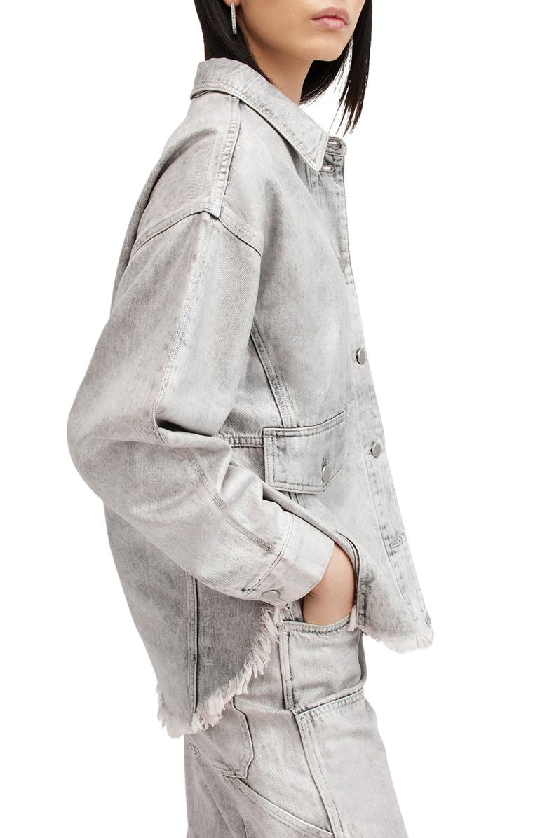 AllSaints Hettie Raw Hem Denim Shacket, Alternate, color, Coated Silver