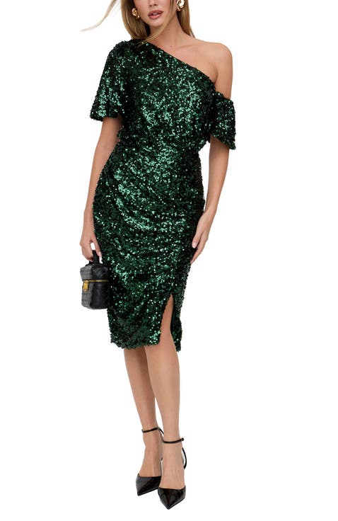 Nola Asymmetric Off Shoulder Sequins Midi Dress