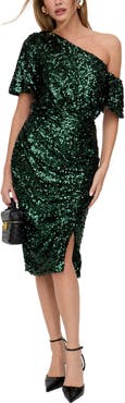 Lily and Lionel London Nola Asymmetric Off Shoulder Sequins Midi Dress