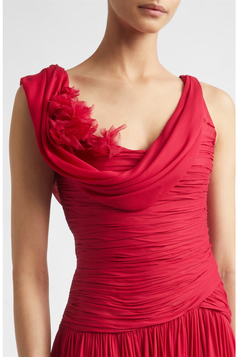 Floral Appliqué Draped Silk Chiffon Gown, Alternate, color, CRANBERRY