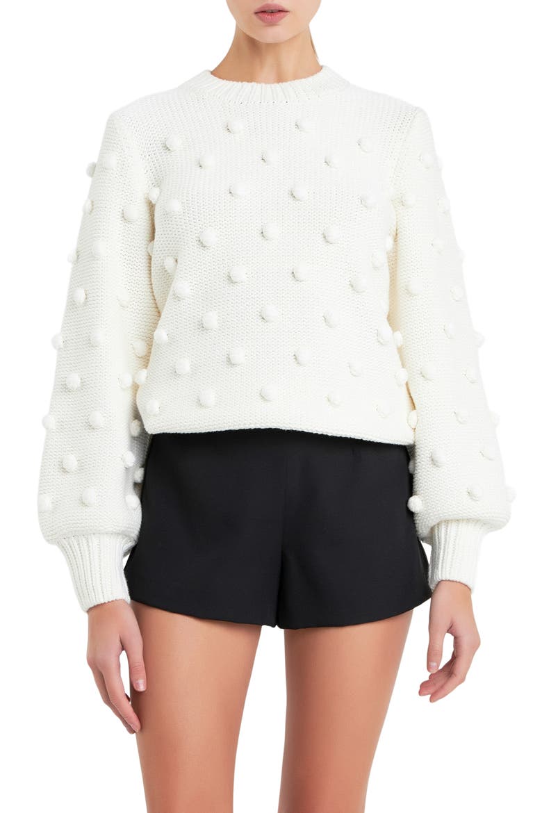 Pompom Crewneck Sweater, Main, color, IVORY