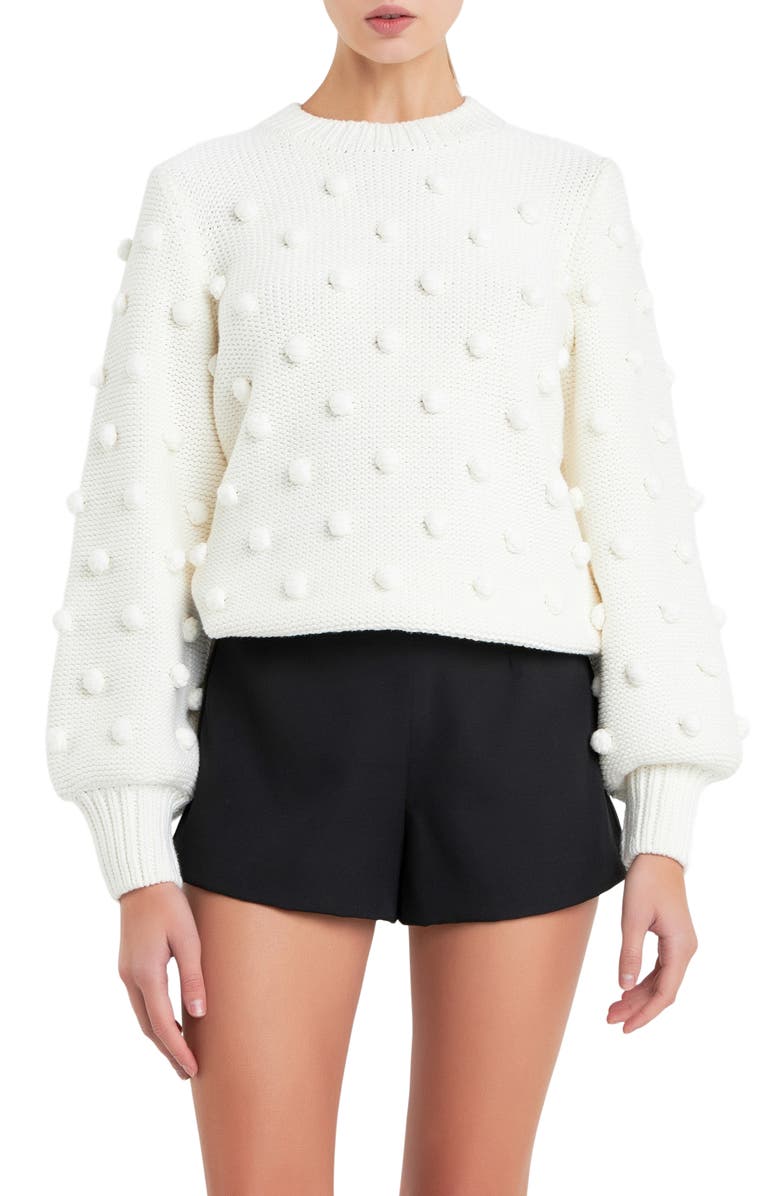 English Factory Pompom Crewneck Sweater, Main, color, Ivory