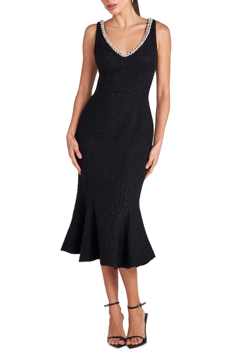 NADINE MERABI Penelope Embellished Trim Tweed Midi Cocktail Dress, Main, color, 