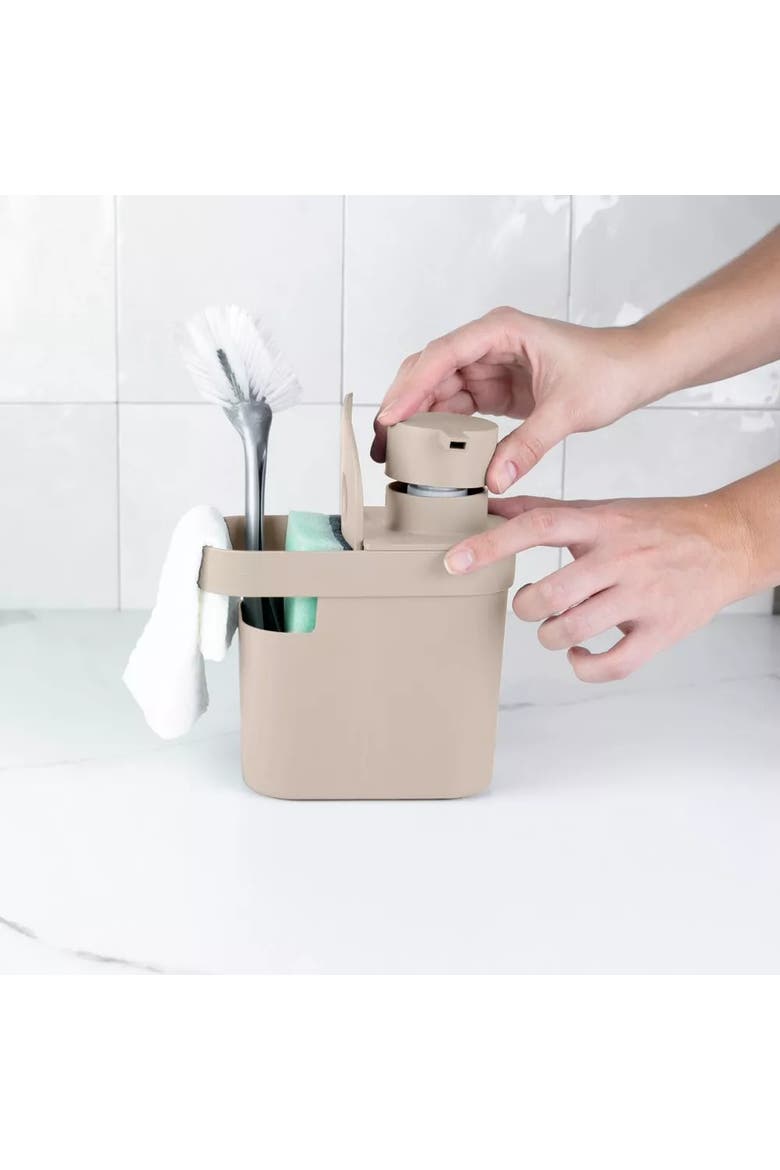 Durable Kitchen Soap Dispenser Organizer with Sponge and Dish Brush Holder, 22 oz, Alternate, color, Beige